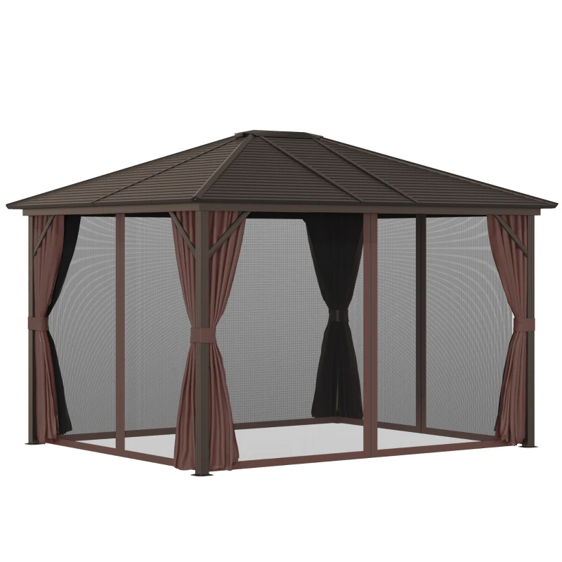 Outsunny 10' x 12' Hardtop Gazebo with Curtains and Netting, Permanent Pavilion Metal Single Roof Gazebo Canopy with Aluminum Frame and Hooks, for Garden, Patio, Backyard, Coffee Brown
