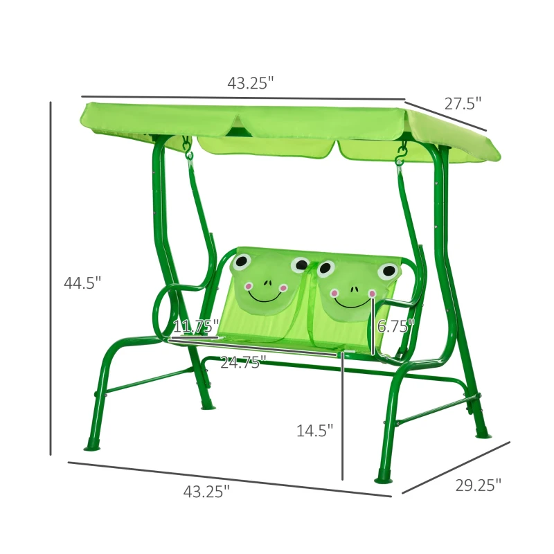 Outsunny Porch Swing for Kids with Adjustable Canopy to Block Sun at Angles, Kids Swing Chair with Seatbelts, Frog Pattern, Gift for Kids Ages 3-6, Green