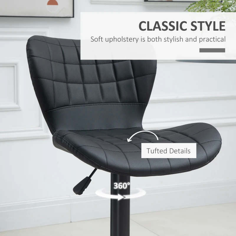 HOMCOM Bar Stools Set of 2, Adjustable Height Swivel Bar Chairs, PU Leather Upholstered Kitchen Counter Stools with Wide Seat, Back and Footrest, Black