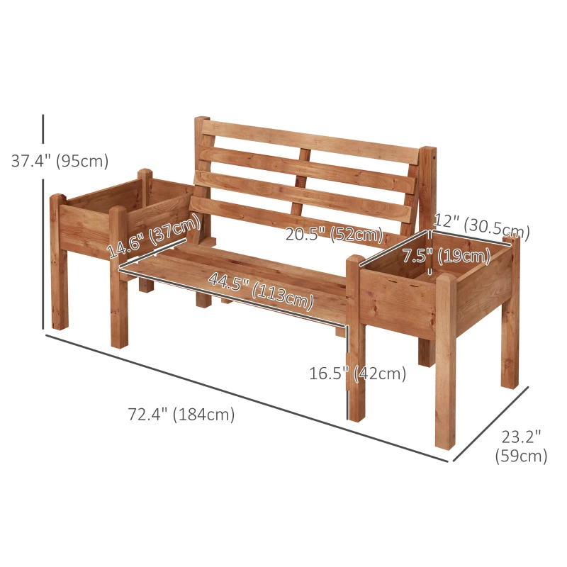 Outsunny Wood Outdoor Bench with Planter Boxes 2-Seater Garden Bench with Slat Seat and Back Dark Brown