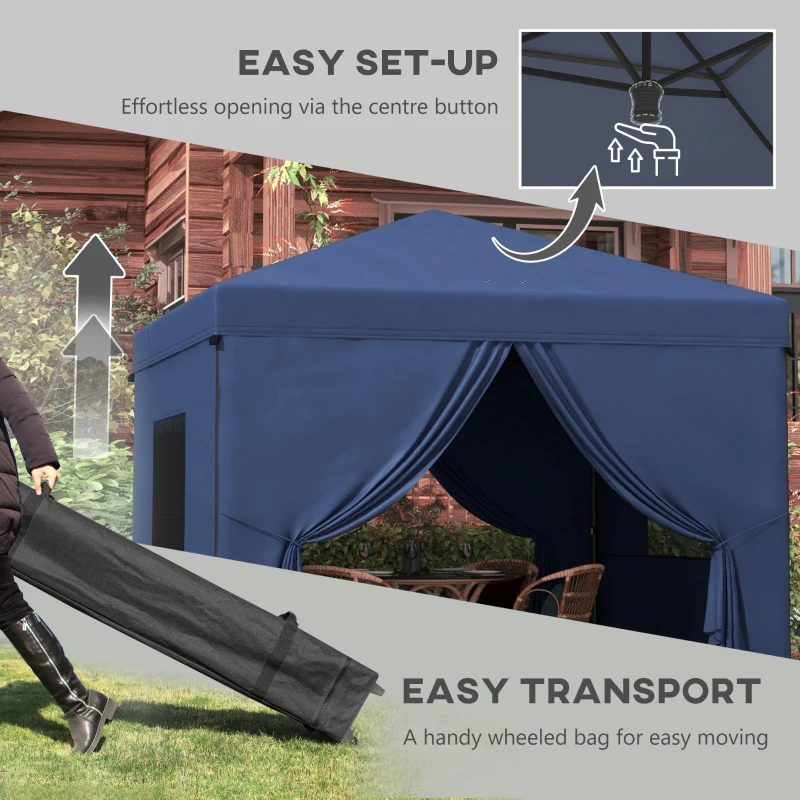 Outsunny 10' x 10' Pop Up Canopy Tent, Instant Sun Shelter, with Wheeled Bag and Mesh Windows, Height Adjustable, Dark Blue