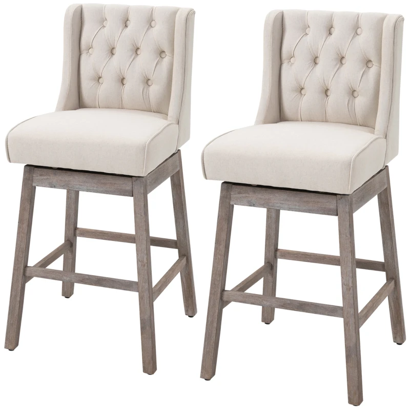 HOMCOM Bar Height Bar Stools Set of 2, 180 Degree Swivel Barstools with Solid Wood Footrests and Button Tufted Design, 30" Seat Height Bar Chairs for Kitchen Island, Beige