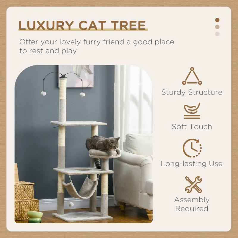 PawHut 57.5" Cat Tree for Indoor Cats with Scratching Posts, Cat Condo with Hammock, Bed, Toys, Grey