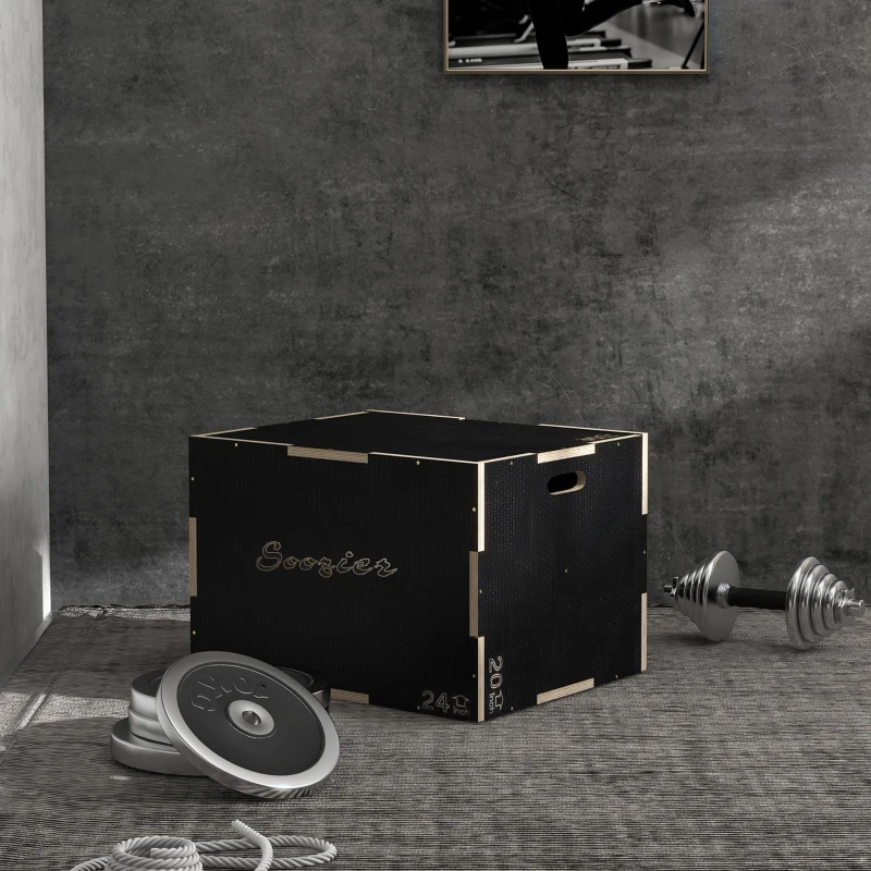 Soozier 30/24/20 In Wooden Plyometric Jump Box with Handle Openings for Home Gym Workout Training