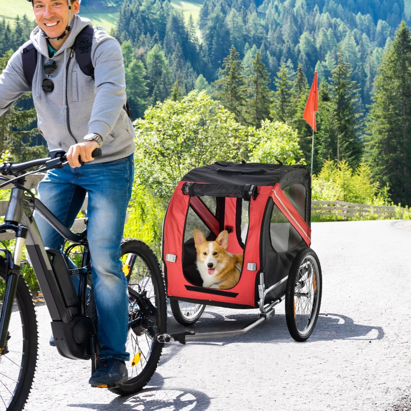 Aosom Dog Bike Trailer, Pet Wagon Bicycle Trailer with Easy Folding Cart Frame, 20" Large Rubber Wheels, 3 Entrances, Mesh Screen, Pet Bike Trailer for Off-Road & Travel, Red and Black(m-2)