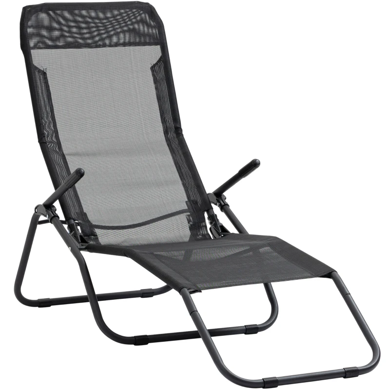 Outsunny Foldable Patio Lounge Chair, Outdoor Beach Lounger with Breathable Mesh Fabric, Zero Gravity Chair with Reclining, Footrests, and Armrests, for Garden, Pool, Black