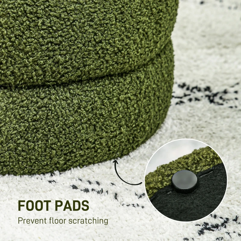HOMCOM Round Ottoman, Upholstered Foot Stool, Teddy Fleece Fabric for Living Room, Entryway, Green