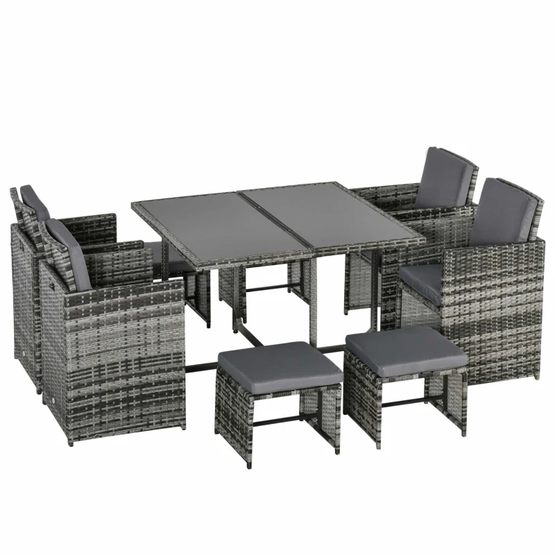 Outsunny 9 Pieces Wicker Patio Dining Set Outdoor Furniture Set with Removable Cushions, Glass Top Dining Table, Ottomans, PE Rattan Conversation Set for Garden Poolside, Grey