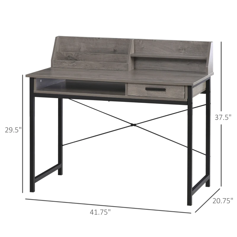 HOMCOM Industrial Computer Desk with Drawer and Open Shelves, Writing Table with Hutch for Home Office, Grey