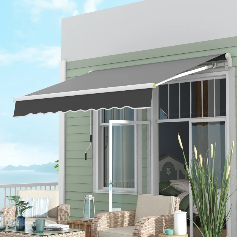 Outsunny 8' x 6.5' Manual Retractable Awning with LED Lights, Aluminum Sun Canopies for Patio Door Window, Dark Grey