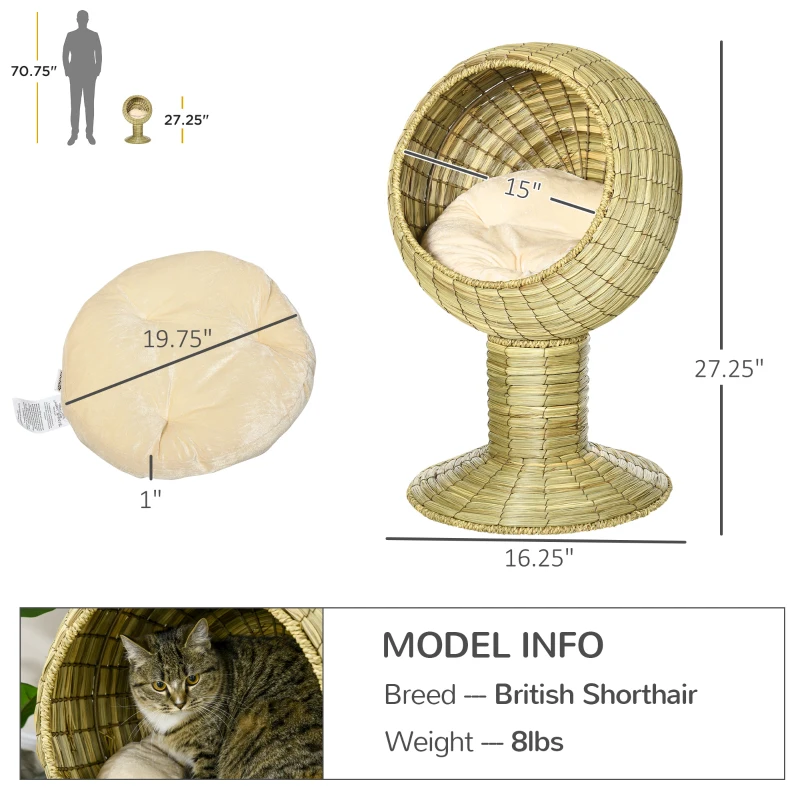 PawHut Elevated Cat Bed with Rotatable Egg Chair Pod, Cat Basket Bed with Thick Cushion, Natural Mat Grass Woven Kitty House, Yellow