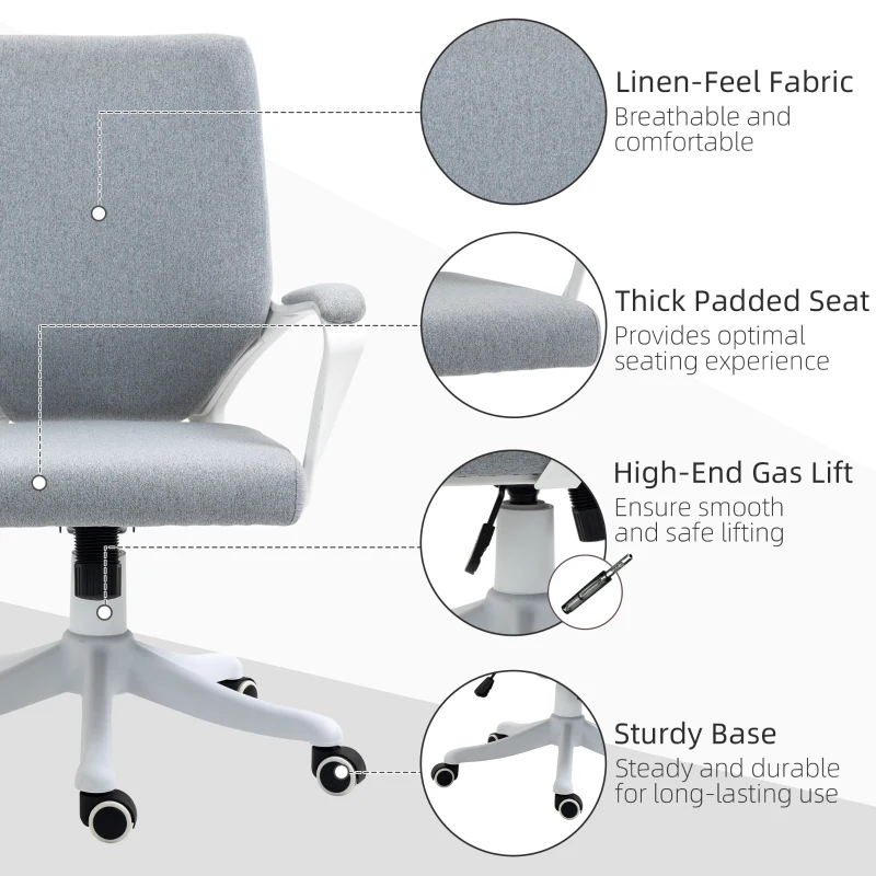 Vinsetto Mid Back Home Office Chair, Ergonomic Task Computer Desk Chair with Lumbar Back Support, Adjustable Height, and Padded Armrests, Grey