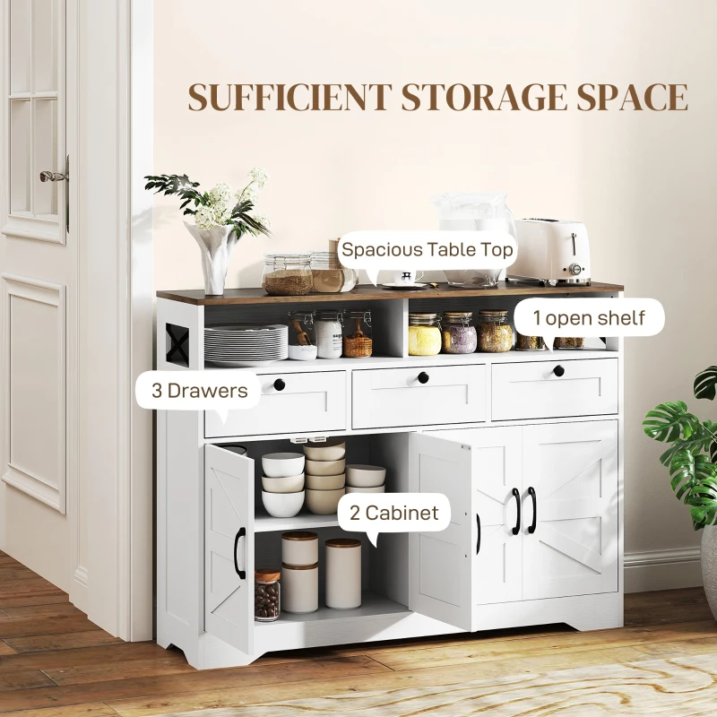 HOMCOM White Sideboard 47.2" Buffet Cabinet with 4 Barn Doors and 3 Drawers, Coffee Bar Cabinet with Adjustable Shelves