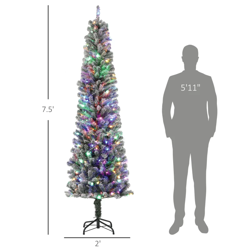 HOMCOM 7.5 ft Pencil Christmas Tree, Pre-Lit Flocked Xmas Tree with Dual Color LED Lights, 519 Tips and Metal Stand, Green
