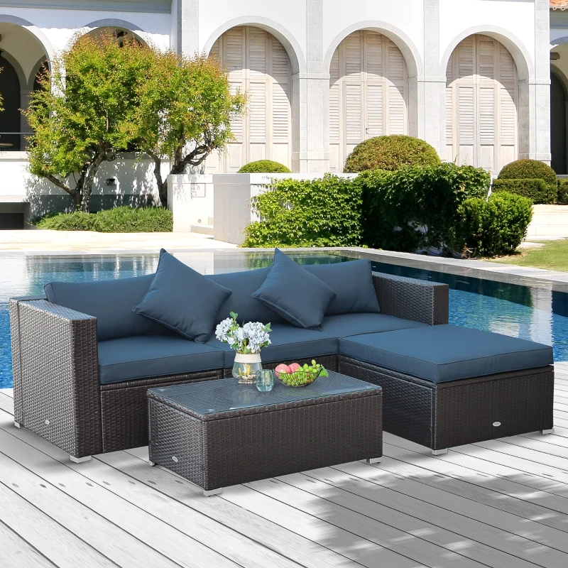 Outsunny 5-Piece Patio Furniture Set with Cushions, Outdoor PE Rattan Wicker Sofa Set, Sectional Furniture with Pillows, Glass Coffee Table for Garden, Backyard, Coffee/Blue