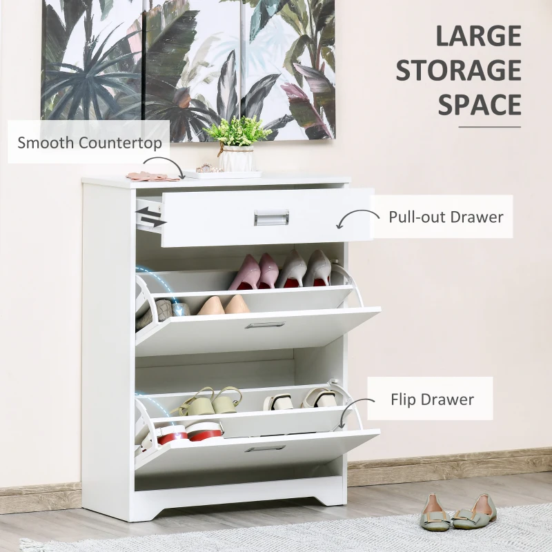 HOMCOM Narrow Shoe Storage with Drawer, 2 Flip Doors and Adjustable Shelves, Shoe Cabinet for 16 Pairs of Shoes, White