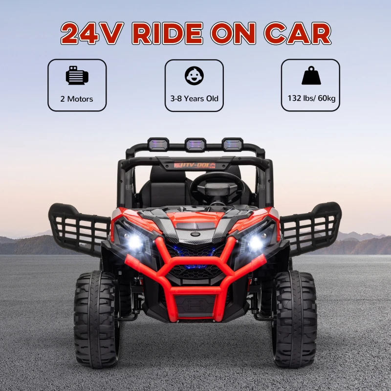 Qaba 2 Seater 24V Electric Car for Kids w/ Remote Control, 3 Speed, LED Lights, Music, Horn, Spring Suspension, Red