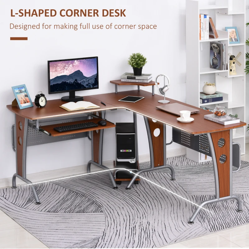 HOMCOM L-Shaped Computer Desk for PC, Corner Table for Small Spaces with Elevated Shelf, Keyboard Tray, CPU Stand, Home Office Workstation, Brown Wood Grain