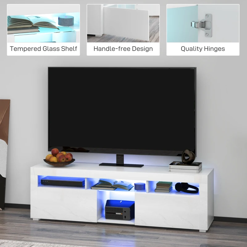 HOMCOM Modern TV Stand with Storage and LED Lights for TVs up to 55", TV Cabinet with Open Compartments, High Gloss White