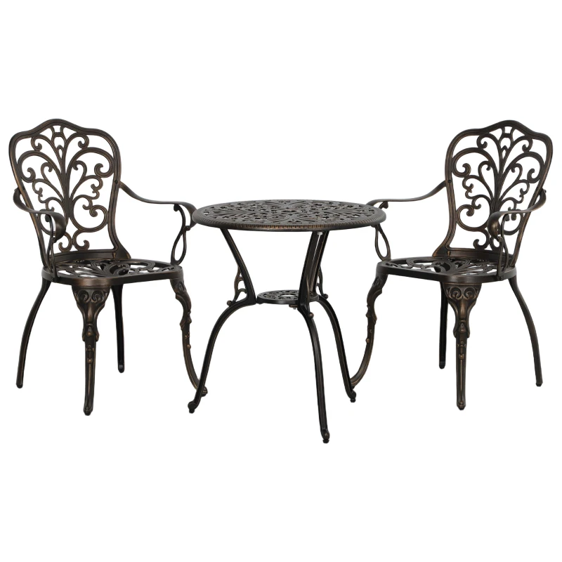Outsunny 3 Pieces Cast Aluminum Bistro Set, Outdoor Patio Furniture Set with Umbrella Hole for Garden Balcony, Bronze