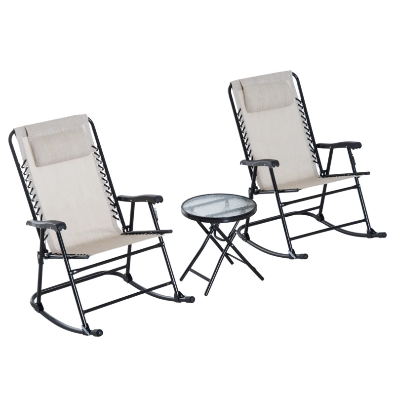 Outsunny 3pc Patio Rocking Chair Set, Folding Outdoor Rocking Chairs and Table Bistro Set w/ Breathable Mesh Seat & Backrest, Headrest for Park, Backyard, Garden, Cream White