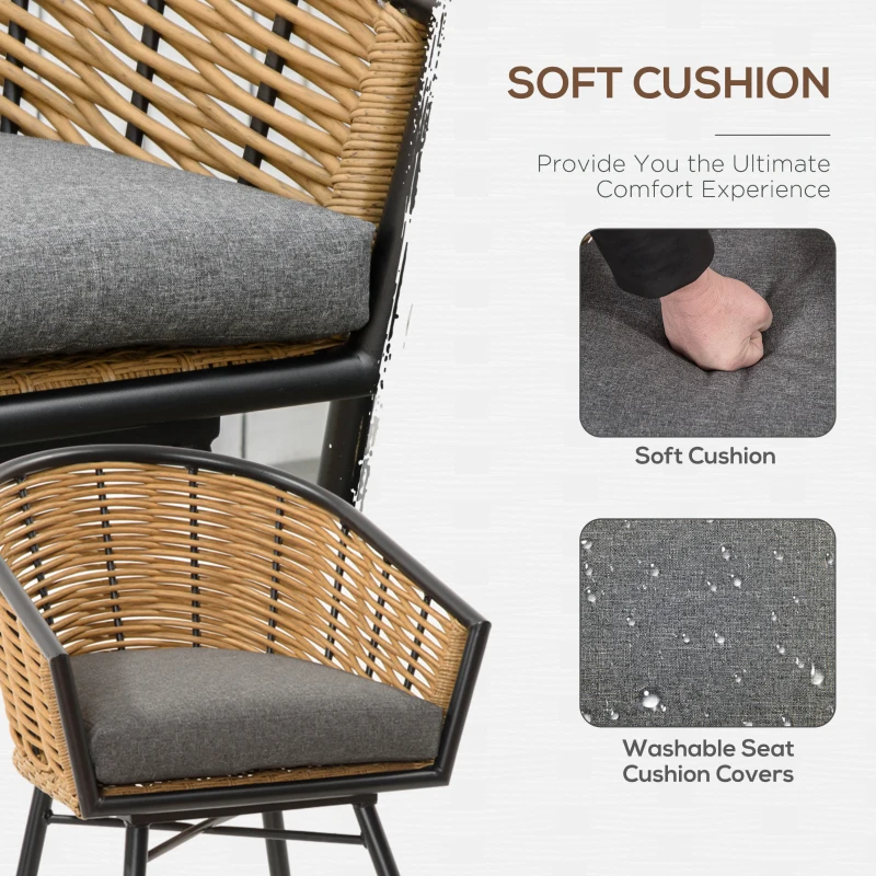 Outsunny 3 Piece Patio Set, Outdoor Bistro Furniture, PE Rattan Wicker Table and Chairs, Cushioned, Barrel Style, Gray