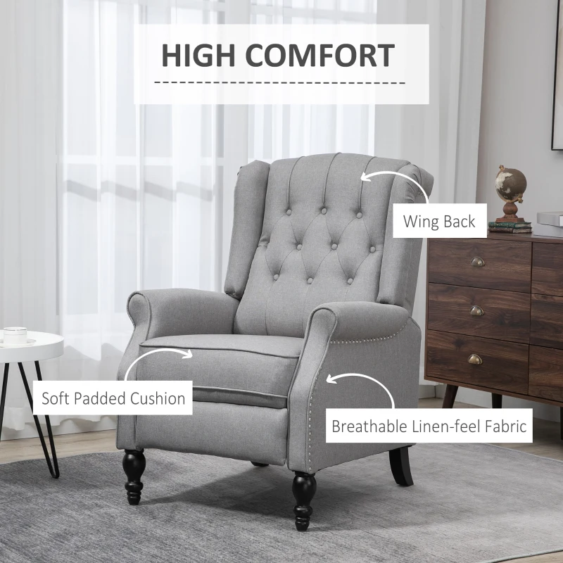 HOMCOM Wingback Reclining Chair with Footrest, Button Tufted Recliner Chair with Rolled Armrests for Living Room, Light Grey