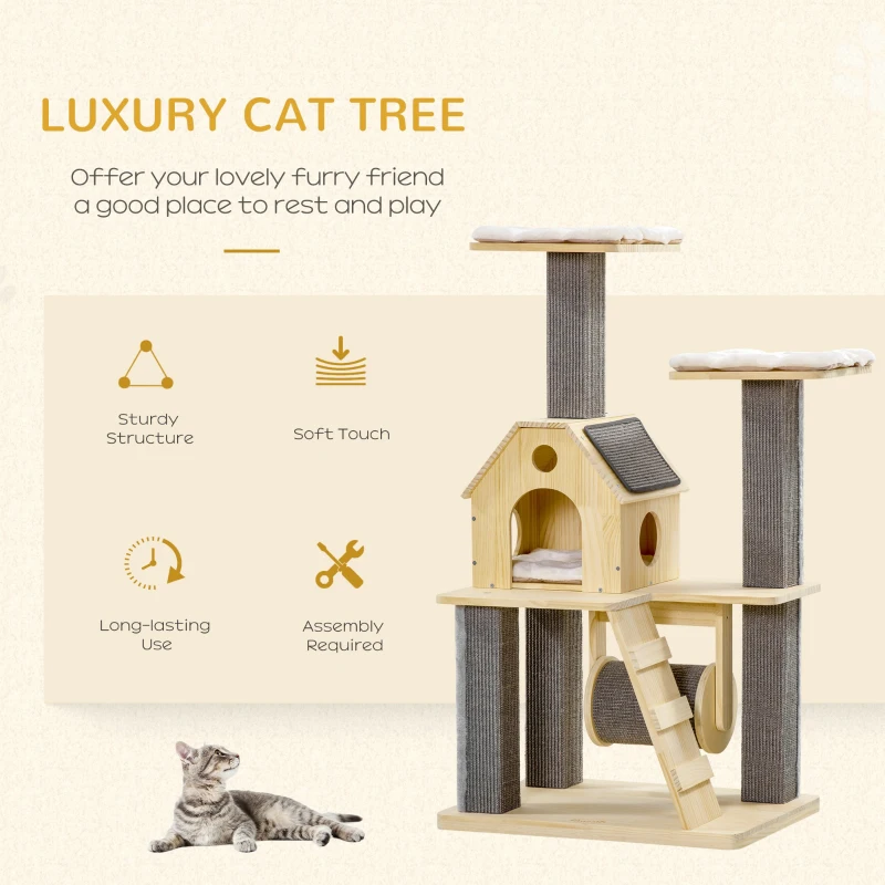 PawHut 49" Cat Tree Kitty Activity Center Wooden Cat Climbing Toy Pet Furniture with Cat Condo Cat Roller Ladder Cushions Sisal Scratching Post Pad, Natural