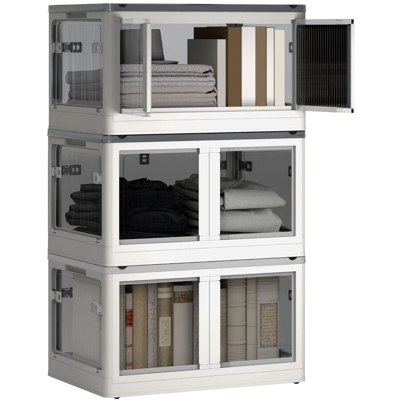 HOMCOM 3 Packs of Collapsible Stackable Storage Bins with Lids, Wheels, 18 Gal, White