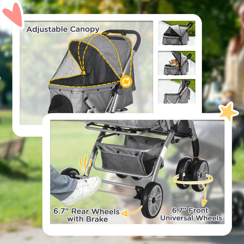 PawHut 4 Wheels Pet Stroller w/ Reversible Handle, Foldable Dog Cat Travel Carriage w/ EVA Wheels Basket Storage Bag 3-stage Canopy Grey