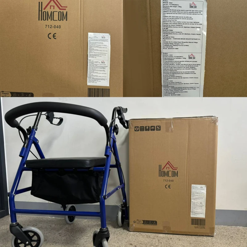 HOMCOM Folding Aluminum Rollator Walker with Adjustable Handle Height, Cushioned Flip Up Seat and Convenient Storage Bag, Rolling Wheels with 2 Barker, Blue