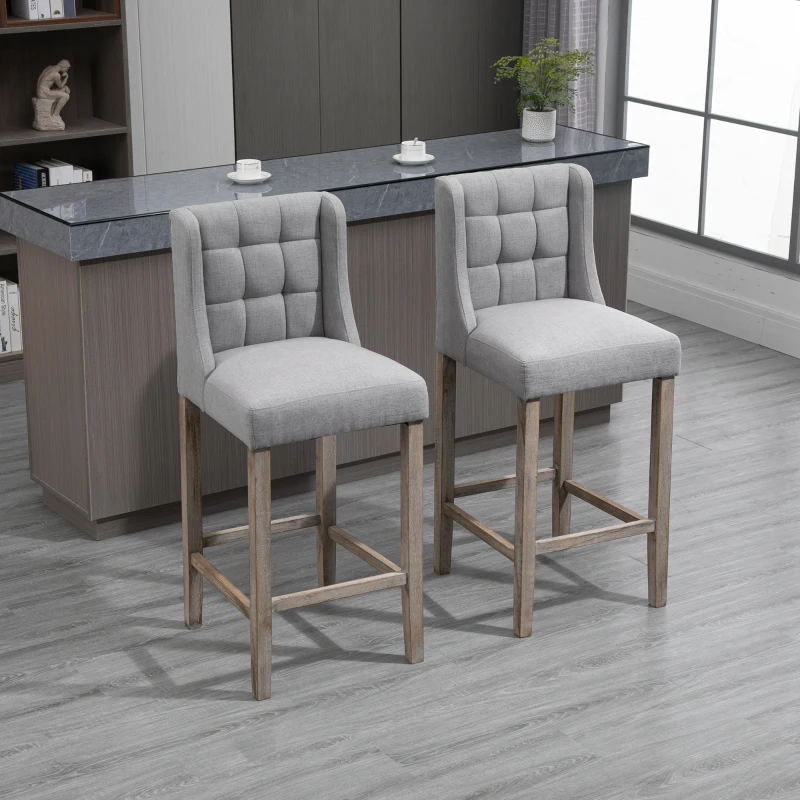HOMCOM Modern Bar Stools, Tufted Upholstered Barstools, Pub Chairs with Back, Rubber Wood Legs for Kitchen, Dinning Room, Set of 2, Grey