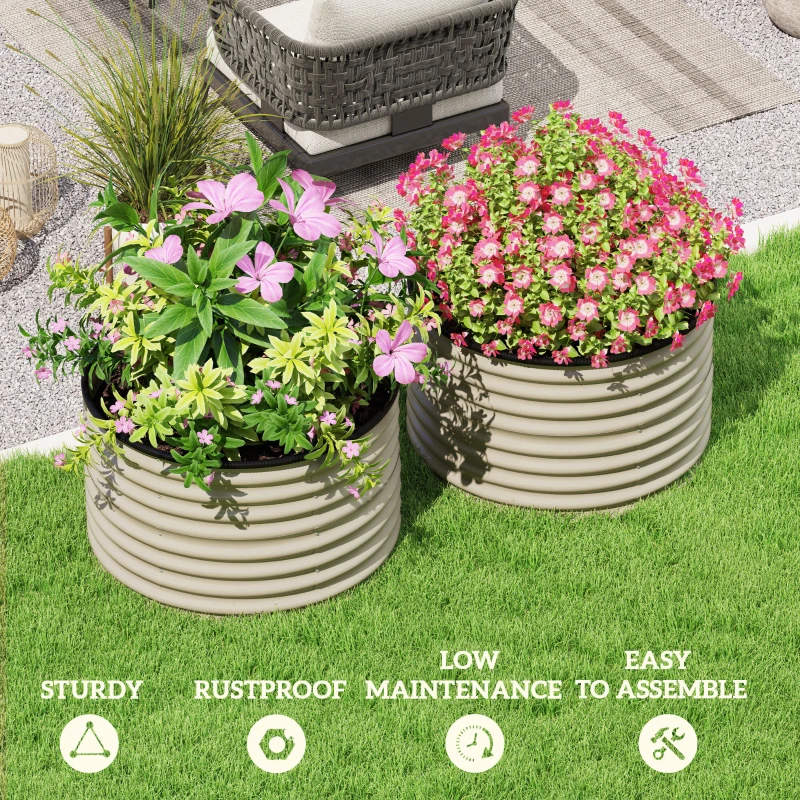 Outsunny Set of 2 Raised Garden Bed, Metal Planter Box with Safety Edging, Easy-to-assemble Stock Tank, Cream White