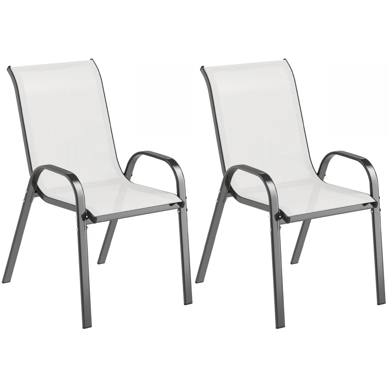 Outsunny Set of 2 Outdoor Dining Chairs, Stackable Lawn Chairs with High Back, Breathable Mesh Seat for Garden Porch, Light Grey