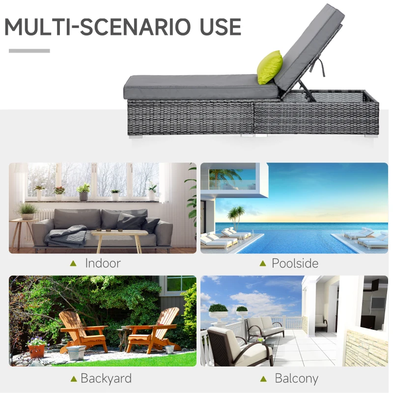 Outsunny Patio Wicker Lounger, Outdoor PE Rattan Single Chaise Lounge w/Adjustable Recliner Backrest, Cushion, & Pillow, Grey