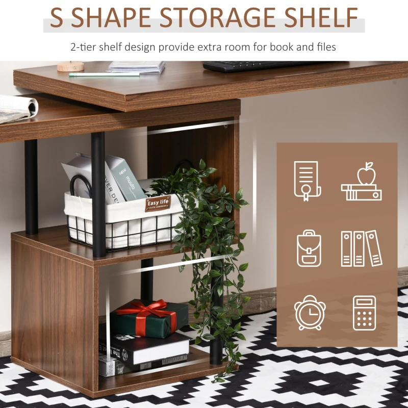 HOMCOM Corner Rotating L-Shaped Office Table Computer Desk with Storage Shelf Brown