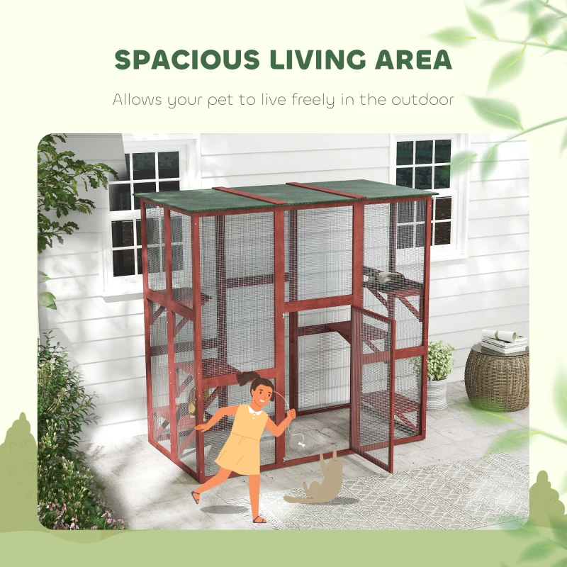 PawHut 71" x 39" x 71" Cat Cage, Large Outdoor Wooden Cat Patio with 6 Balanced Platforms and Asphalt Roof, Wine Red