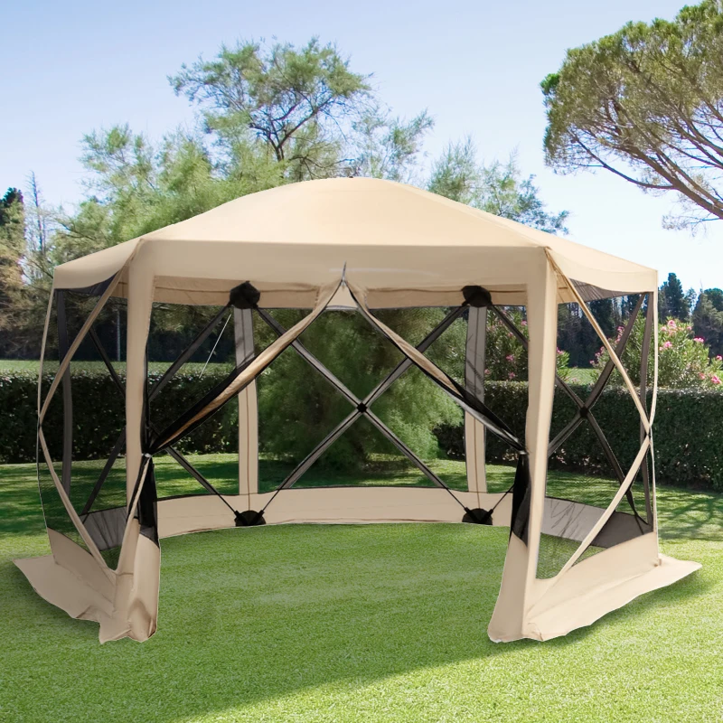 Outsunny 12' x 12' Hexagon Automatic Pop Up Screen Tents Camping Shelter Picnic Canopy Outdoor Sun Shade w/ Mesh Sidewalls and Carry Bag Beige