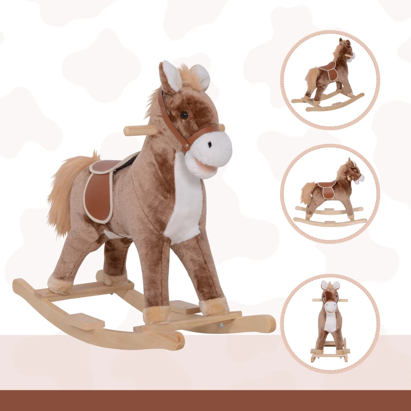 Qaba Kids Rocking Horse with Soft Plush Body, Wooden Base & Handle Grip for Years 3+
