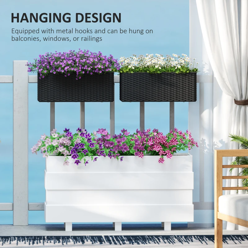 Outsunny 2 Pack 20 Inch Self-Watering Hanging Flower Pots, Railing Planter Box for Fence, Garden, Rattan Look, Black