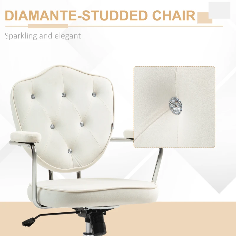 HOMCOM Cute Office Chair, Desk Chair with Button Tufted Velvet-Feel Fabric, Swivel Computer Vanity Chair, Cream White