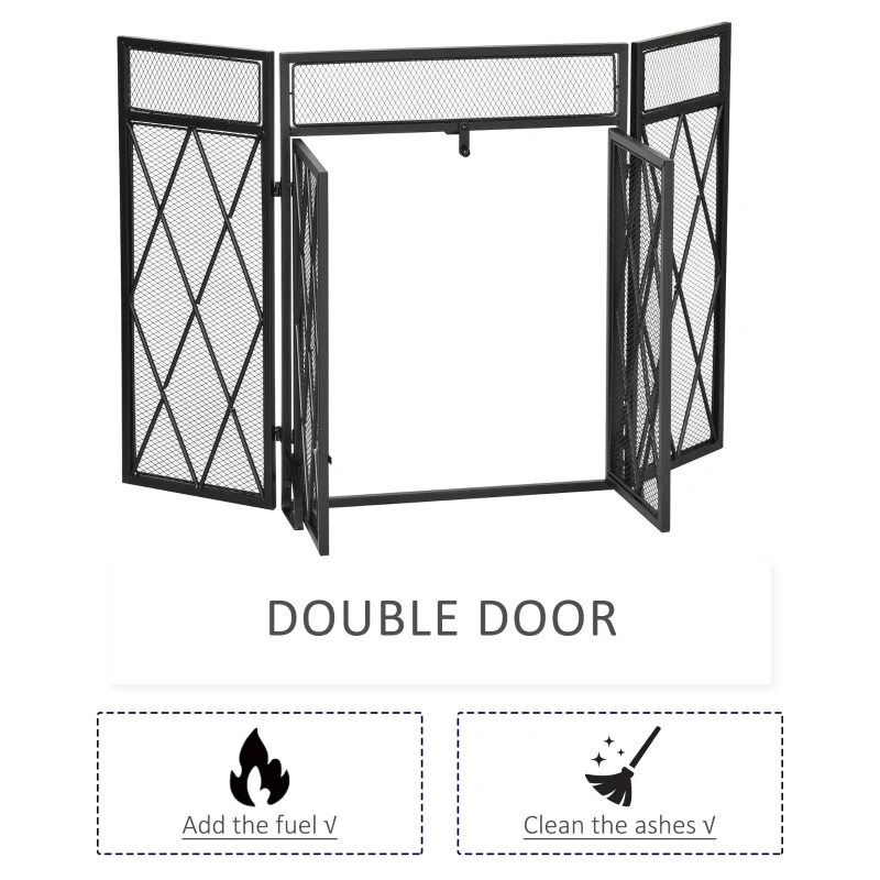 HOMCOM 3-Panel Fireplace Screen with Double Doors,  47.25" x 31"Steel Mesh Fire Spark Guard Cover for Living Room Indoor Decor, Black