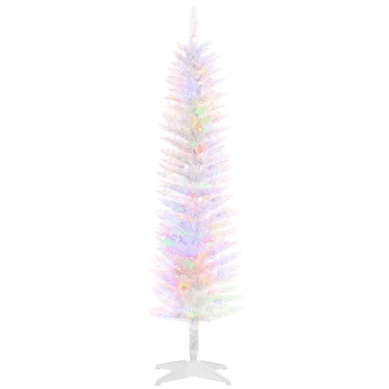 HOMCOM 5' Prelit Christmas Tree, Pencil Artificial Christmas Tree with Colorful Surface Branches, Colorful LED Lights, White