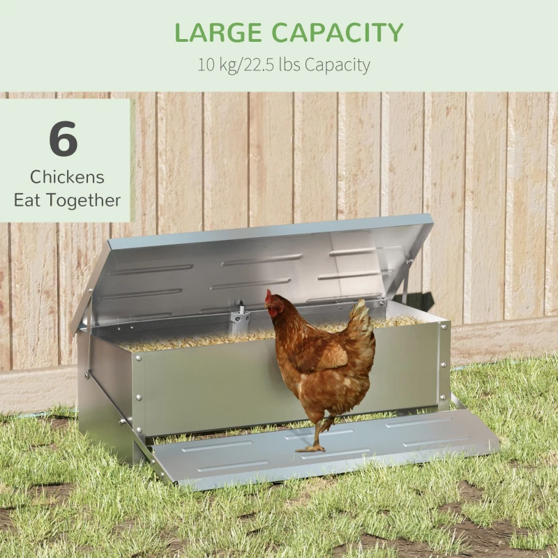 PawHut Automatic Chicken Feeder, 22.5 lbs Capacity Poultry Feeder with Self Opening Treadle, Weather Resistant Lid, for 6 Chickens, Silver