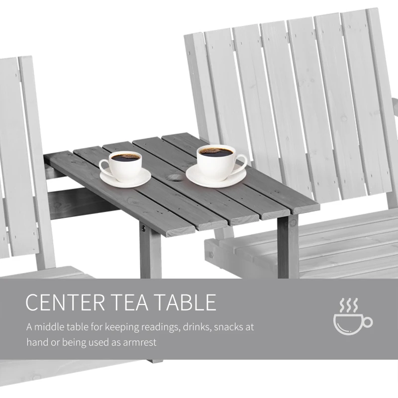Outsunny 2-Seater Outdoor Bench with Middle Table, Wooden Garden Bench with Parasol Hole, Patio Loveseat for Yard, Porch, Grey