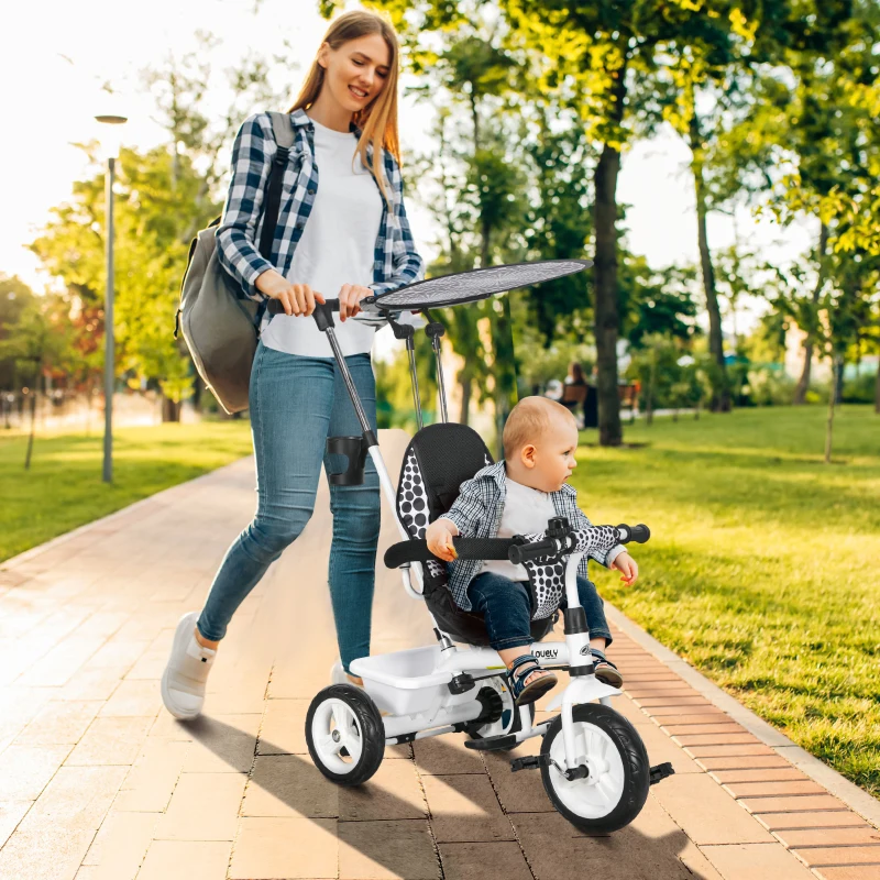Qaba 6 in 1 Kids Tricycle with Removable Handlebar and Canopy, White