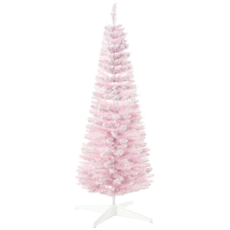 HOMCOM 5ft Flocked Christmas Tree, Pencil Artificial Christmas Tree with Realistic Branches, Pink