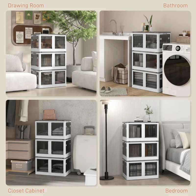HOMCOM 3 Packs of Collapsible Stackable Storage Bins with Lids, Wheels, 32 Gal, White