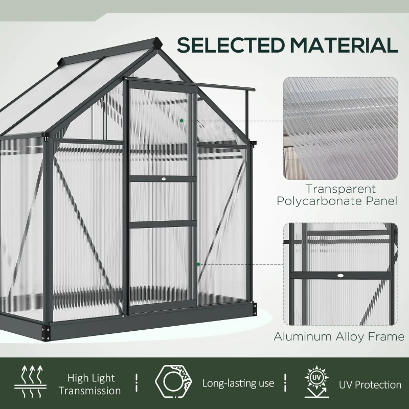 Outsunny Greenhouse Garden, Green House, Outdoor Greenhouse Kit, PC Board with Sliding Door, 6.2' x 4.3' x 6.6', Grey