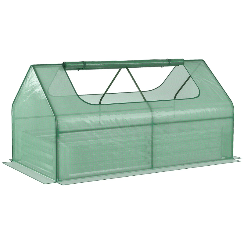 Outsunny Greenhouse with Raised Garden Bed, Steel Outdoor Planter Box with Plastic Cover, Roll Up Window, Dual Use for Flowers, Vegetables and Herbs, 73" x 37.5" x 36", Green